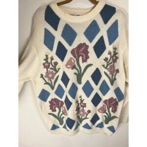 Vintage Knit Sweater with Flowers & Argyle - XL